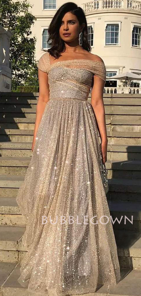 Off Shoulder A-Line Sequin Sparkly Long Evening Prom Dresses, Cheap Custom Prom Dress, MR7504