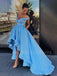 A-Line Blue Satin V Neck Long High Low Evening Prom Dresses, Cheap Custom prom dresses, MR7511