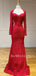 Red Lace Mermaid Long Sleeves Backless Beaded Long Strapless Evening Prom Dresses, MR7516