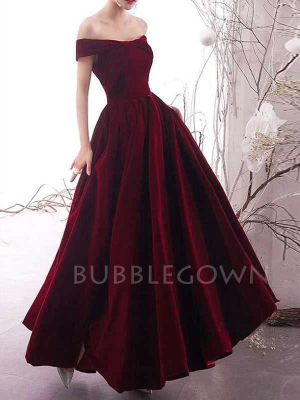 A-line Off-Shoulder Burgundy Velvet Long Evening Prom Dresses, Cheap Custom prom dresses, MR7528
