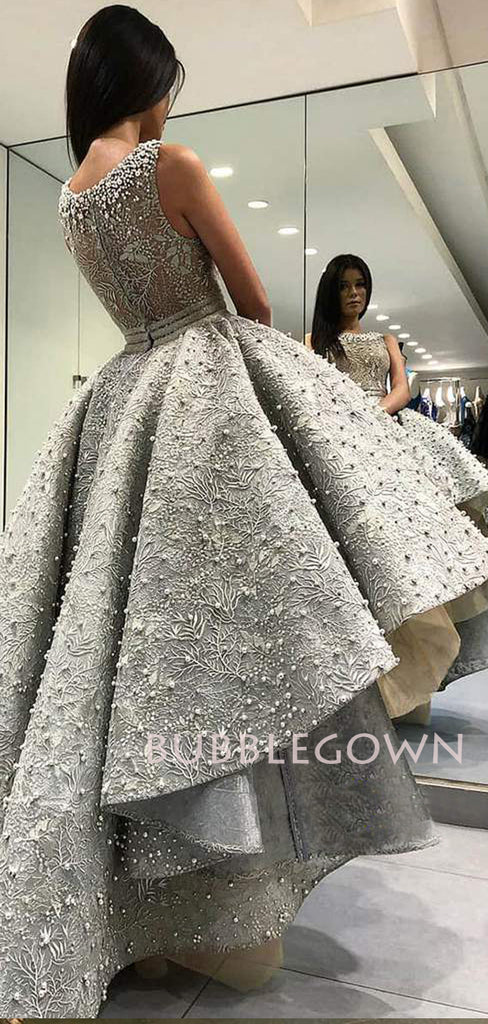 See Throuth Silver Lace Beaded High Low Long Evening Prom Dresses, Cheap Custom Prom Dresses, MR7540