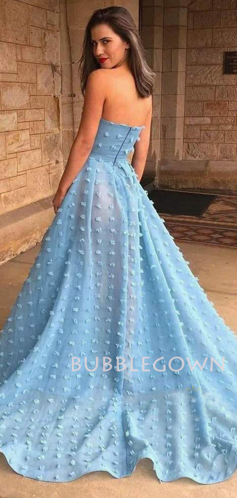 A-line Sky Blue 3D Lace Side Slit Long Evening Prom Dresses, Cheap Custom Prom Dress, MR7542