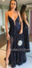 Navy Blue Sequin A-Line V Neck Spaghetti Straps Sparkly Long Evening Prom Dresses, Cheap Custom Prom Dresses, MR7543