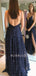 Navy Blue Sequin A-Line V Neck Spaghetti Straps Sparkly Long Evening Prom Dresses, Cheap Custom Prom Dresses, MR7543