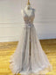 A-line Grey Tulle Appliques V Neck Long Evening Prom Dresses, Cheap Custom Prom Dresses, MR7553
