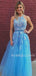 A-line Sky Blue Tulle Appliques Lace Long Evening Prom Dresses, Cheap Custom Prom Dresses, MR7556