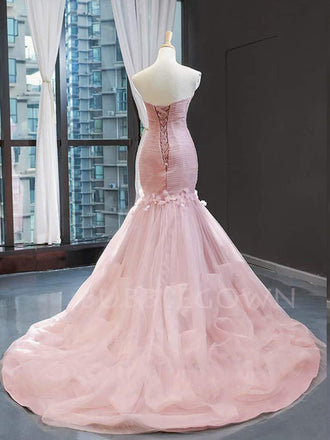 Pink Tulle Mermaid Sweetheart Ruffle Long Evening Prom Dresses, MR7558