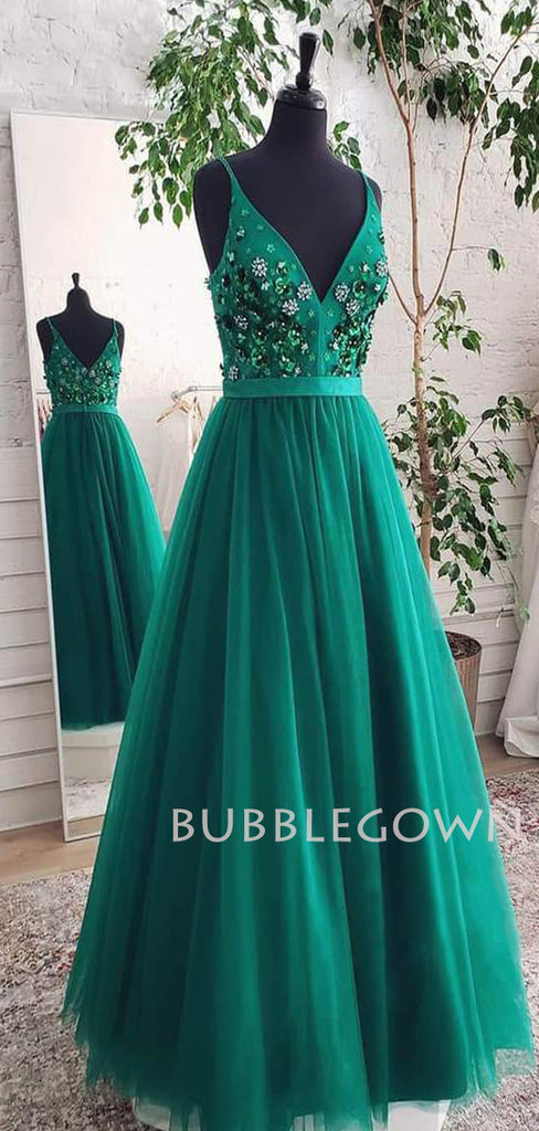 A-Line Green Tulle Beaded V Neck Long Evening Prom Dresses, Cheap Custom Prom Dresses, MR7559