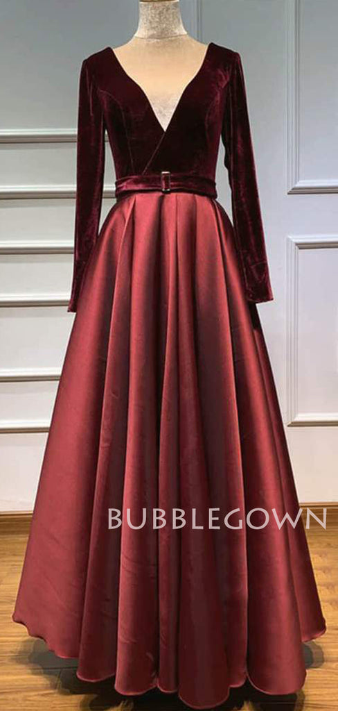 Burgundy Satin V Neck Velevt Long Sleeve A-line Long Evening Prom Dresses, Cheap Custom Prom Dresses, MR7560
