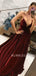 Burgundy Velvet Spaghetti Straps Deep V Neck A-line Long Evening Prom Dresses, Cheap Custom Prom Dresses, MR7561