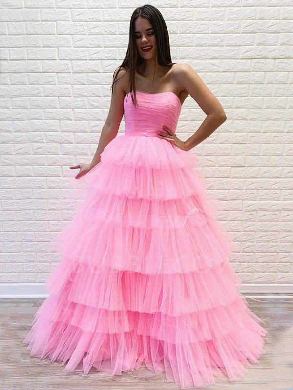 Strapless Pink Tulle Unique Tiered A-line Long Spaghetti Straps Long Evening Prom Dresses, Cheap Custom Prom Dress, MR7566
