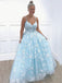 Exquisite Sky Blue Lace Spaghetti Straps V Neck A-line Long Evening Prom Dresses, Cheap Custom Prom Dress, MR7567
