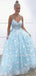 Exquisite Sky Blue Lace Spaghetti Straps V Neck A-line Long Evening Prom Dresses, Cheap Custom Prom Dress, MR7567