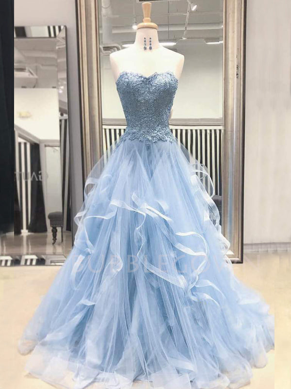 A-line Blue Tulle Appliques Lace Long Strapless Evening Prom Dresses, Cheap Custom Prom Dresses, MR7571