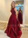 Burgundy Satin A-line Simple Backless Long Evening Prom Dresses, Cheap Custom prom dresses, MR7579