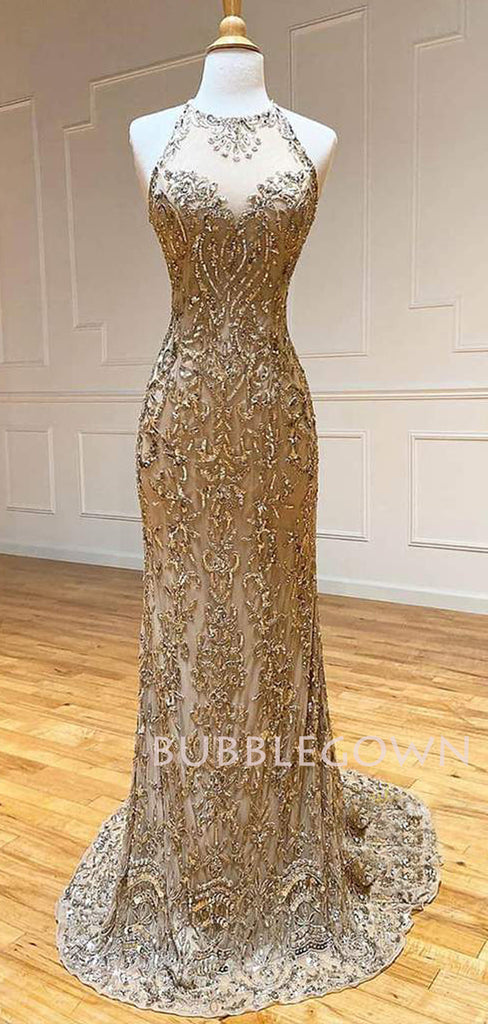 Sheath/Column Gold Beaded Halter Long Evening Prom Dresses, MR7582