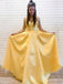 Sweet Yellow Satin V Neck A-line Spaghetti Straps Simple Long Evening Prom Dresses, Cheap Custom prom dresses, MR7587