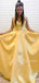 Sweet Yellow Satin V Neck A-line Spaghetti Straps Simple Long Evening Prom Dresses, Cheap Custom prom dresses, MR7587