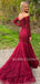 Off Shoulder Long Sleeves Burgundy Tulle Appliques Mermaid Lace Long Evening Prom Dresses, MR7590