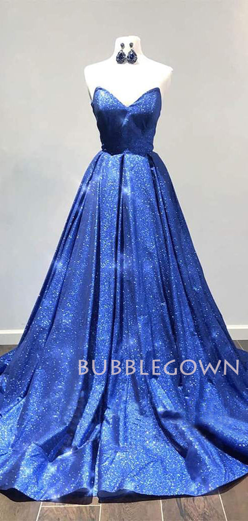 Strapless V Neck Royal Blue Sparkly A-line Long Evening Prom Dresses, Cheap Custom Dresses,MR7595