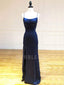 Navy Blue Satin V Neck Spaghetti Straps Long Evening Prom Dresses, Cheap Custom Prom Dresses, MR7596