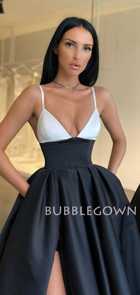 A-line Black Satin Spaghetti Straps Long V-neck Evening Prom Dresses, Cheap Custom prom dresses, MR7601