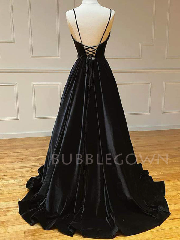 Black Velvet A-line V-neck Spaghetti Straps Long Evening Prom Dresses, Cheap Custom Prom Dresses, MR7606