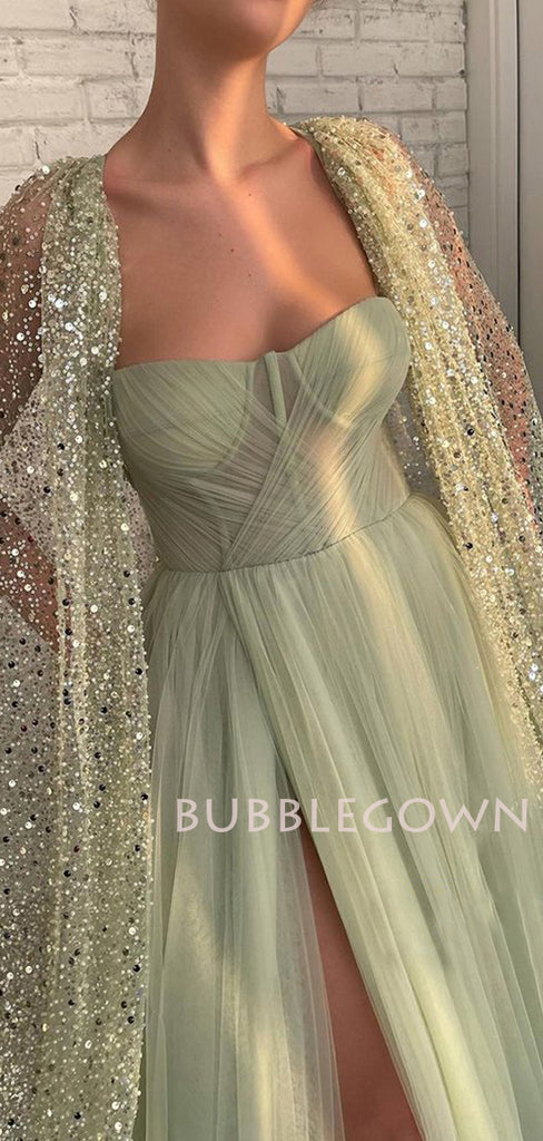 Sweetheart Tulle Pleats High Slit Sparkly Long Evening Prom Dresses, Cheap Custom Prom Dress, MR7507