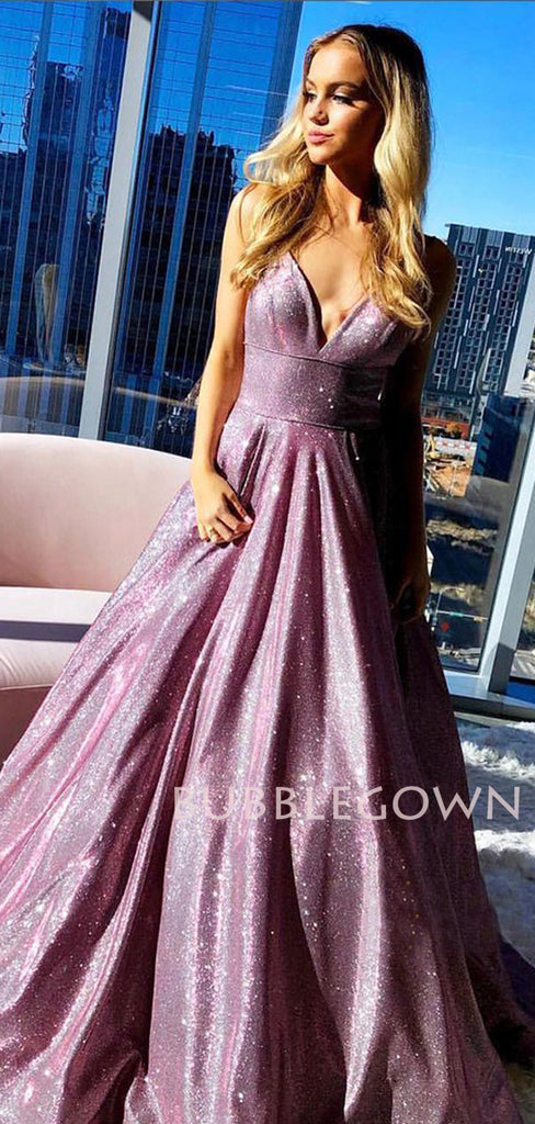 Spaghetti Straps V-neck A-Line Sparkly Long Backless Evening Prom Dresses, Cheap Custom Dresses,MR7610