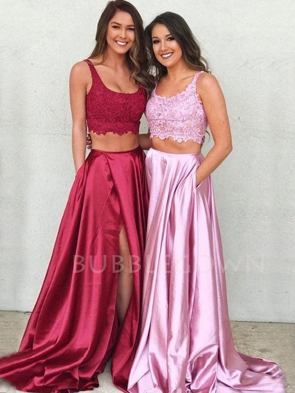Two Pieces A-line Appliques Satin Long Evening Prom Dresses, Cheap Cus BubbleGowns Two Pieces A-line Appliques Satin Long Evening Prom Dresses, Cheap Cus BubbleGowns