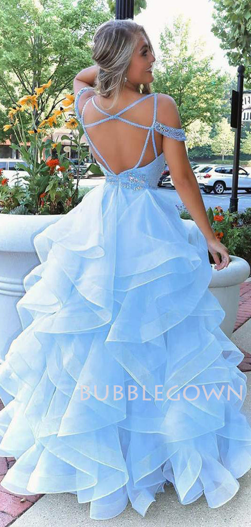 Ball Gown Sky Blue Organza Long Evening Prom Dresses, Cheap Sweet Prom dresses, MR7627
