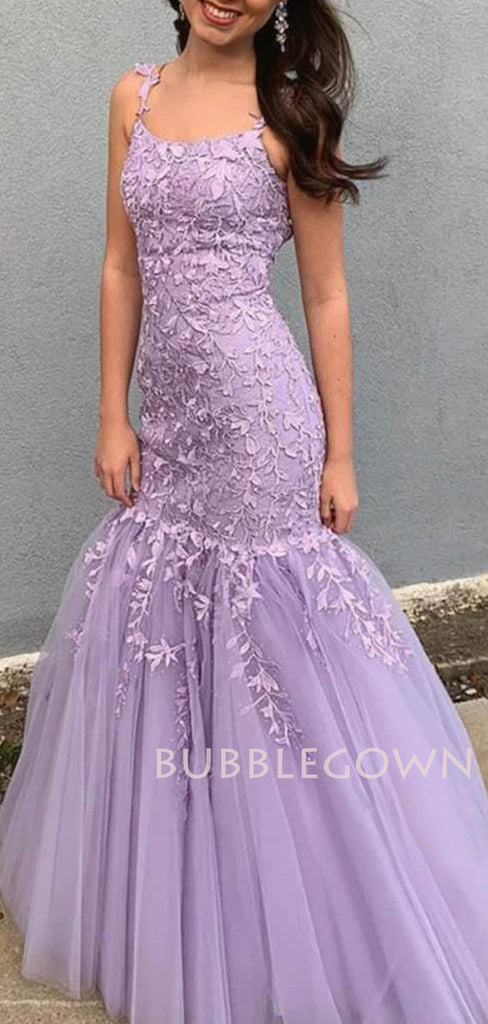 Lilac Tull Appliques Mermaid Spaghetti Straps Lace Long Evening Prom Dresses, MR7635