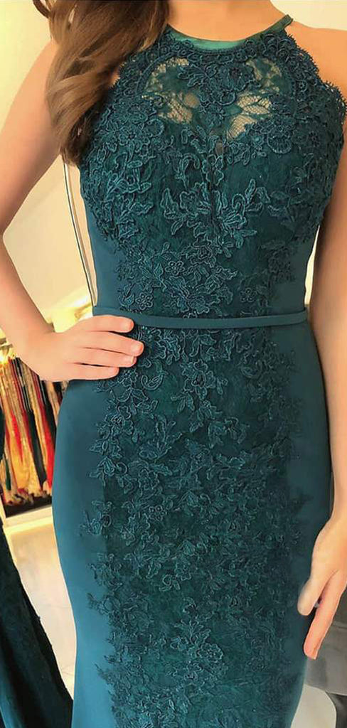 Green Lace Mermaid Appliques Long Evening Prom Dresses, MR7636