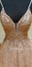 A-line Spaghetti Straps V-neck Beaded Long Evening Prom Dresses, Cheap Custom Prom Dress, MR7639