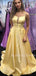 A-line Yellow Satin Spaghetti Straps V Neck Long Evening Prom Dresses, Cheap Custom prom dresses, MR7648