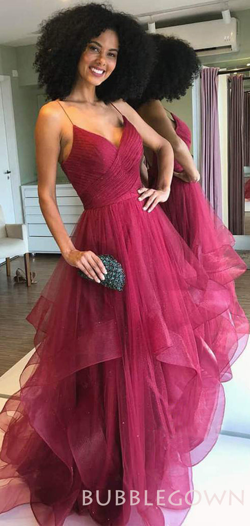 A-line Champagne Tulle Spaghetti Straps Long Backless Evening Prom Dresses, Cheap Custom Prom Dress, MR7659