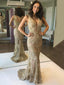 Deep V-neck Mermaid Gold Lace Beaded Appliques Long Evening Prom Dresses, MR7661