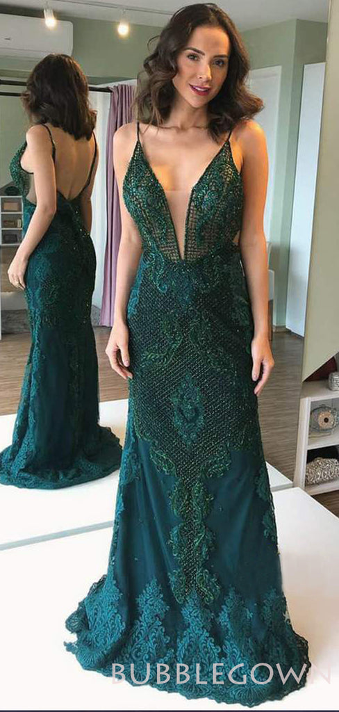 Sheath/Column Green Lace V-neck Beaded Long Evening Prom Dresses, Cheap Custom Prom Dresses, MR7663