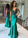 Mermaid Green Satin Beaded V Neck Appliques Long Backless Evening Prom Dresses, Cheap Custom prom dresses, MR7669