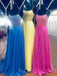 A-line Blue Tulle Beaded Spaghetti Straps Long Evening Prom Dresses, Cheap Custom Prom Dress, MR7676