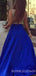 A-line Royal Blue Satin V Neck Beaded Long Evening Prom Dresses, Cheap Custom prom dresses, MR7692