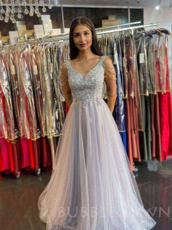 A-line V Neck Grey Tulle Appliques Long Lace Evening Prom Dresses, Cheap Custom Prom Dresses, MR7696