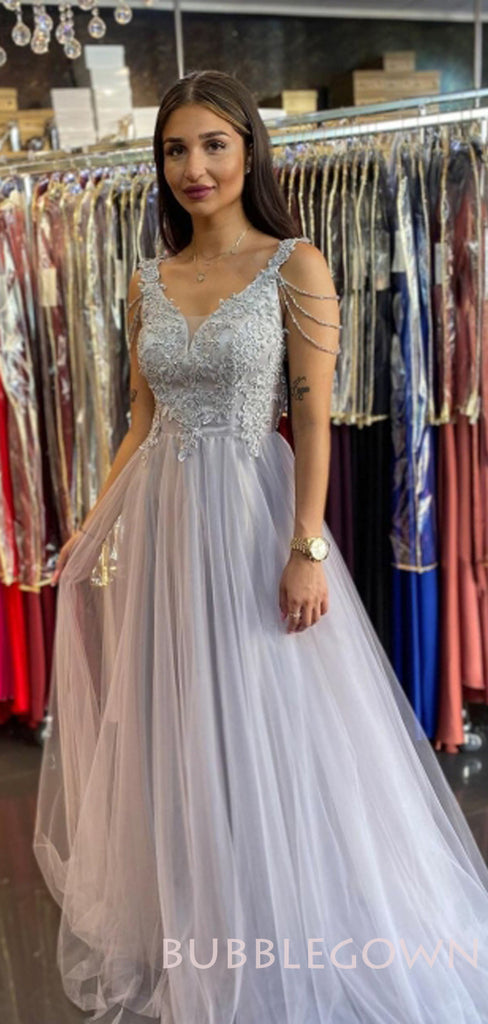 A-line V Neck Grey Tulle Appliques Long Lace Evening Prom Dresses, Cheap Custom Prom Dresses, MR7696