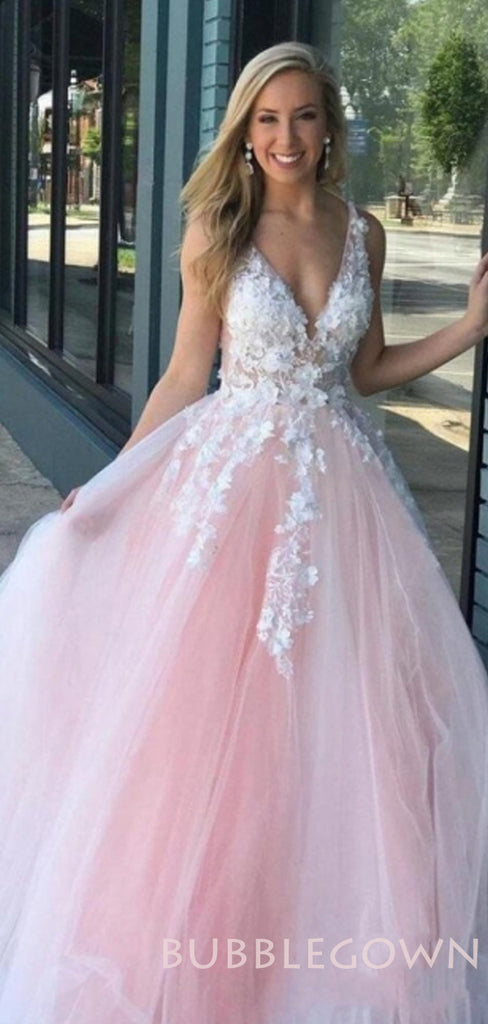 Pink Tulle A-line V Neck Appliques Long Lace Evening Prom Dresses, Cheap Custom Prom Dresses, MR7697