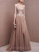 A-line Long Sleeves Taupe Tulle Side Slit Long Lace Evening Prom Dresses, Cheap Custom Prom Dress, MR7718
