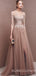 A-line Long Sleeves Taupe Tulle Side Slit Long Lace Evening Prom Dresses, Cheap Custom Prom Dress, MR7718