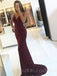 Mermaid Burgunndy Sequin Backless Long Evening Prom Dresses, Cheap Custom Prom Dresses, MR7723