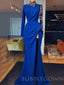 Long Sleeves Royal Blue satin Mermaid Long Evening Prom Dresses, Cheap Custom prom dresses, MR7737