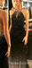 Column Halter Black Long Beaded Backless Evening Prom Dresses, Cheap Custom prom dresses, MR7755