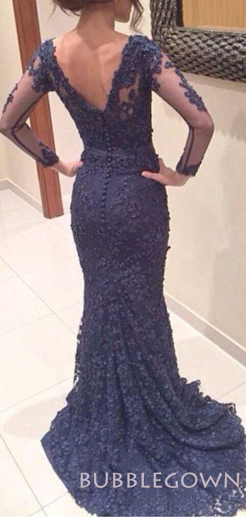 Navy Blue Lace Long Sleeves Applique Mermaid Long Evening Prom Dresses, MR7761